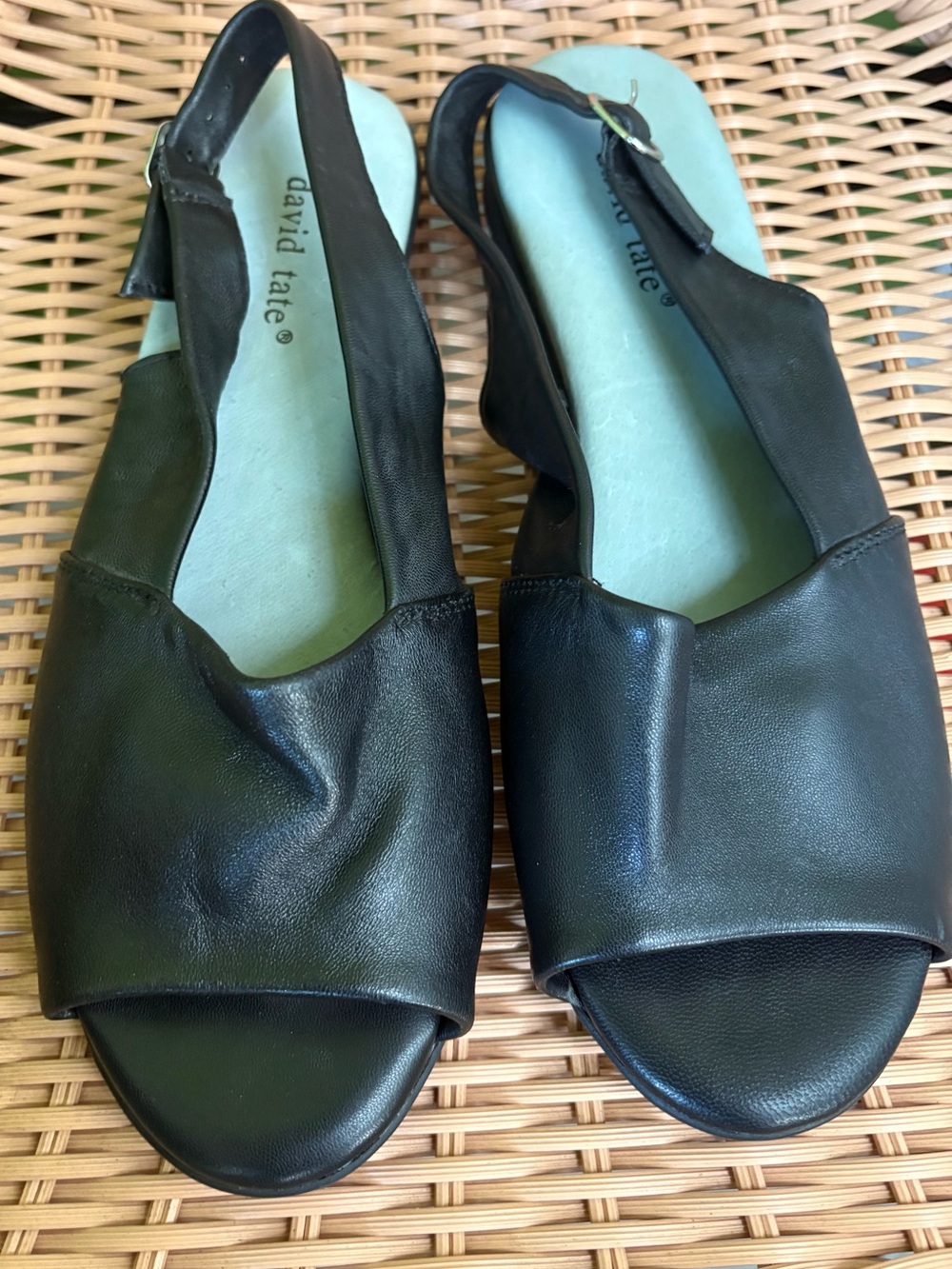 David Tate Soft Black Leather Open-Toe Slingback Sandals Extra Wide